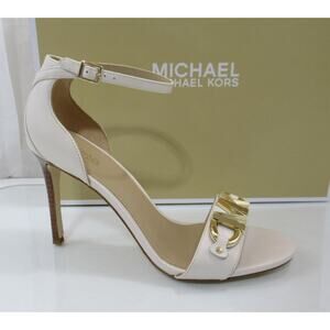 Michael Kors Izzy Sandals Heels Ankle Strap Dress MK Logo Light Cream Size 7.5
